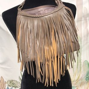Taupe faux leather fringe crossbody